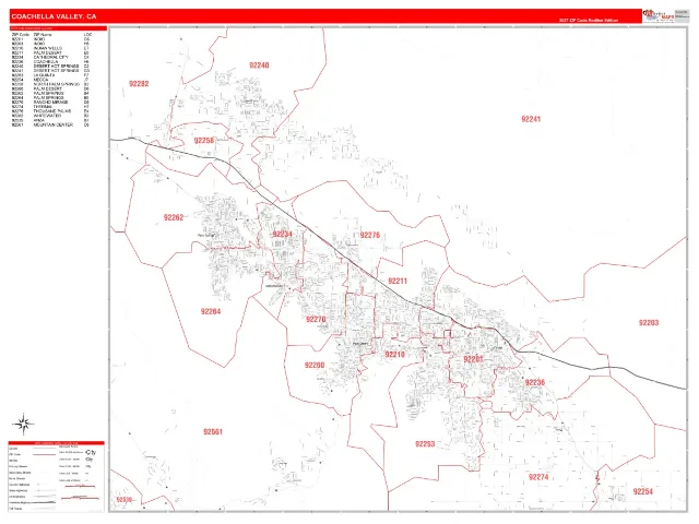 Coachella Valley Metro Area ZIP Code Wall Map, RedLine style