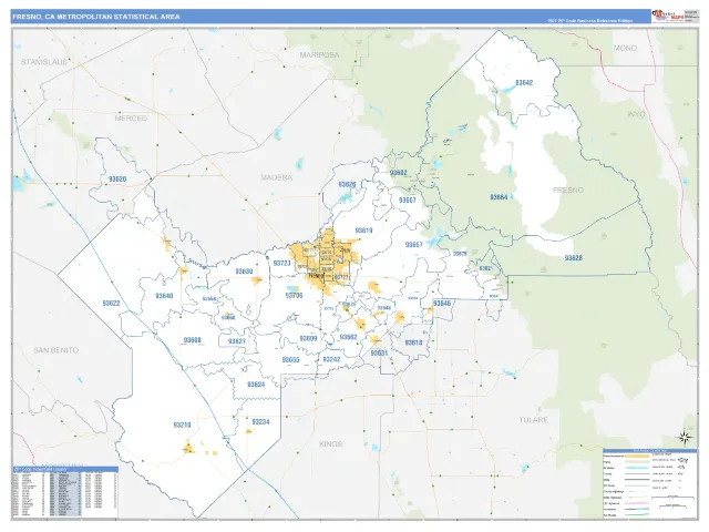 Fresno Metro Area ZIP Code Wall Map, Business Reference style