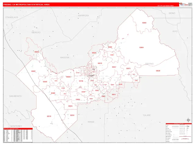 Fresno Metro Area ZIP Code Wall Map, RedLine style