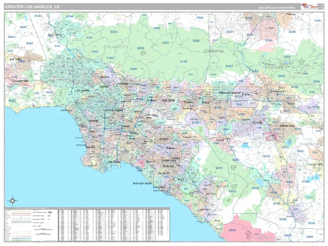 Greater Los Angeles Metro Area ZIP Code Wall Map, Classic style
