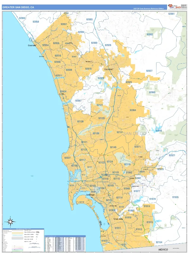 Greater San Diego Metro Area ZIP Code Wall Map, Business Reference style
