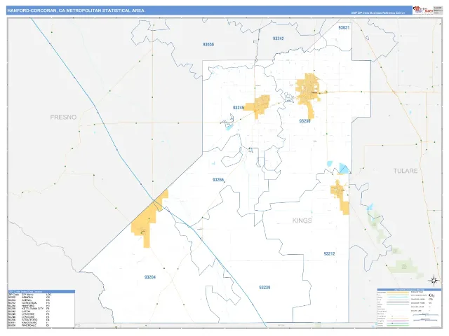 Hanford-Corcoran Metro Area ZIP Code Wall Map, Business Reference style