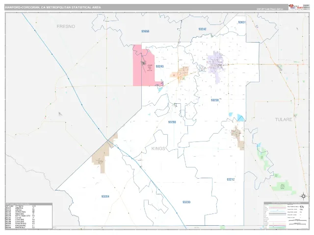 Hanford-Corcoran Metro Area ZIP Code Wall Map, Classic style
