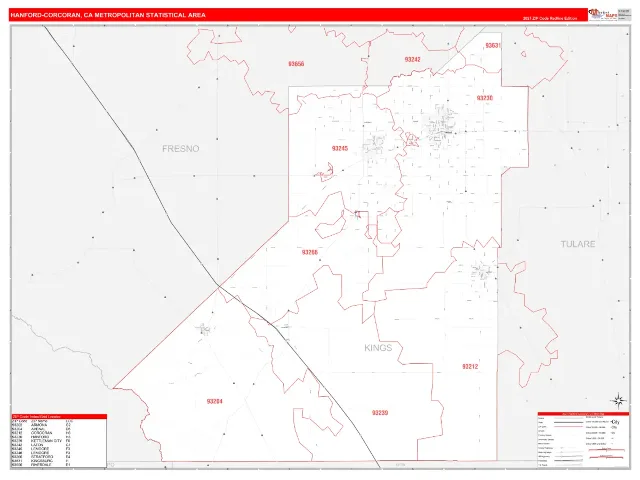 Hanford-Corcoran Metro Area ZIP Code Wall Map, RedLine style