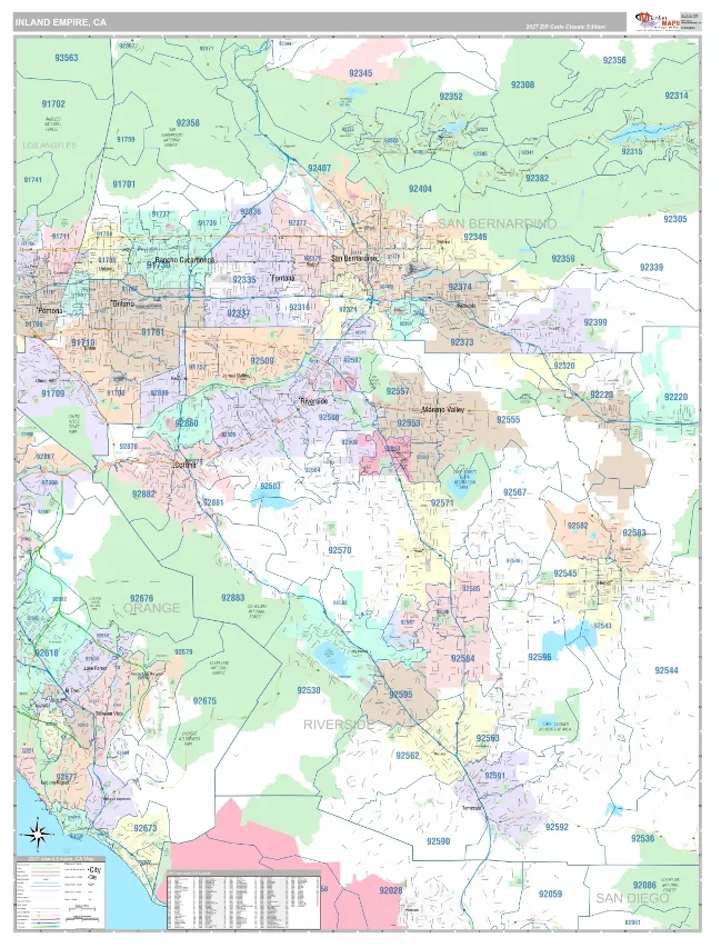 Inland Empire Metro Area ZIP Code Wall Map, Classic style