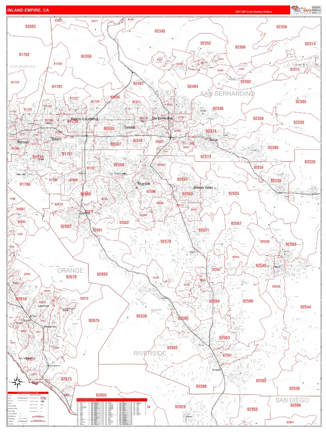 Inland Empire Metro Area ZIP Code Wall Map, RedLine style