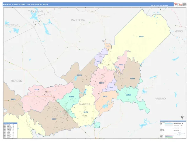 Madera Metro Area ZIP Code Wall Map, ColorCast style