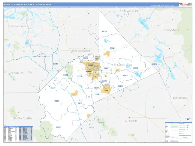 Modesto Metro Area ZIP Code Wall Map, Business Reference style