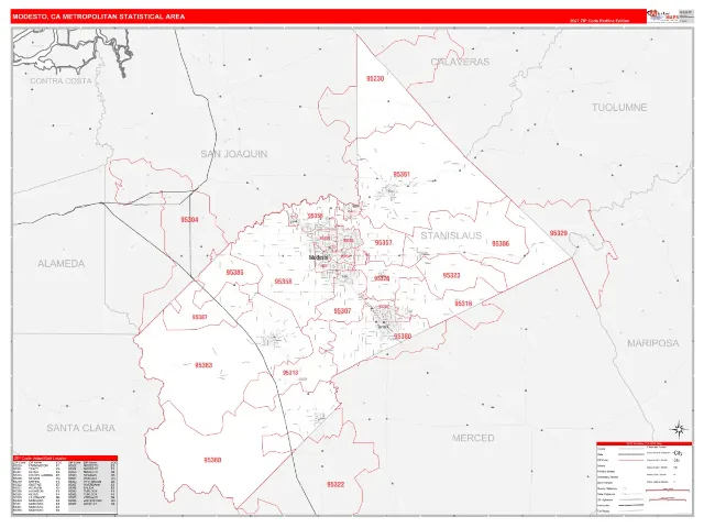 Modesto Metro Area ZIP Code Wall Map, RedLine style