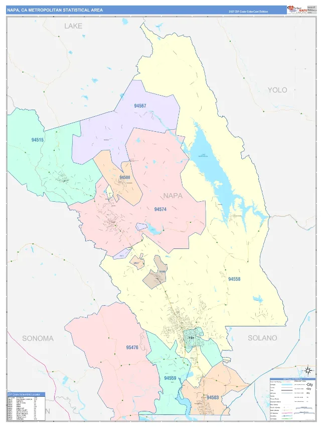 Napa Metro Area ZIP Code Wall Map, ColorCast style