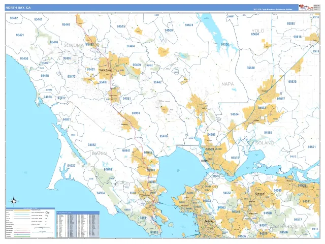 North Bay Metro Area ZIP Code Wall Map, Business Reference style