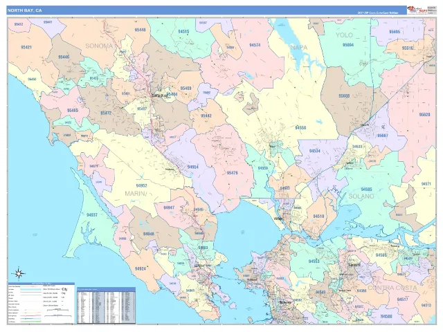 North Bay Metro Area ZIP Code Wall Map, ColorCast style
