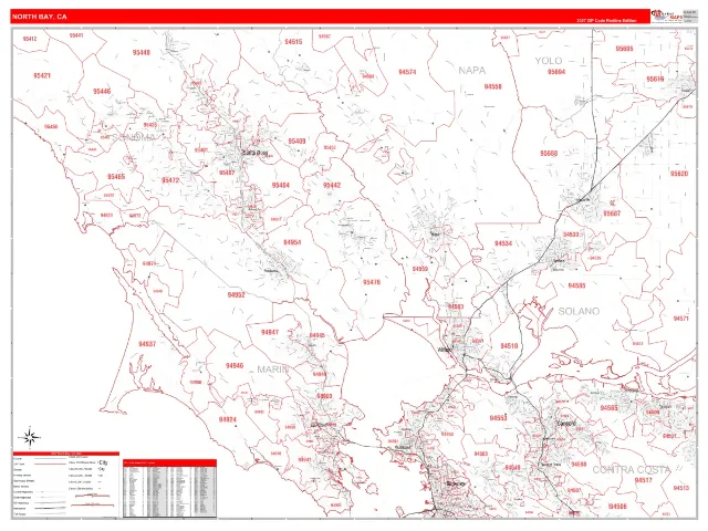 North Bay Metro Area ZIP Code Wall Map, RedLine style