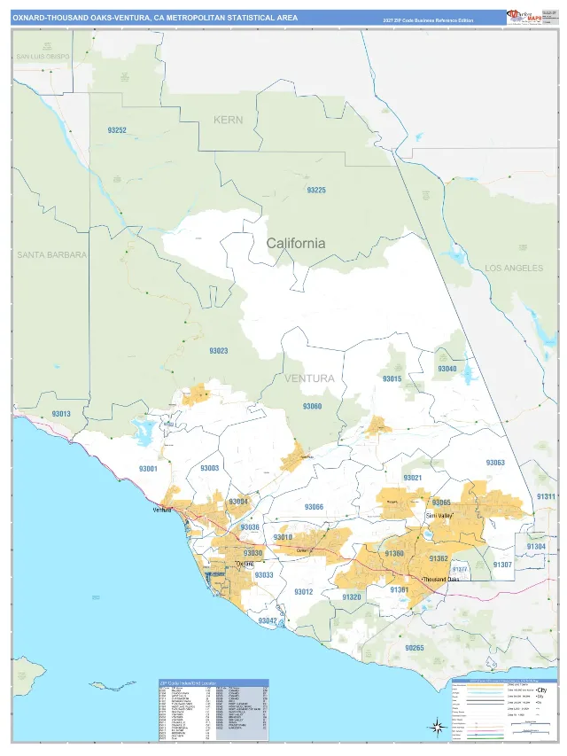 Oxnard-Thousand Oaks-Ventura Metro Area ZIP Code Wall Map, Business Reference style