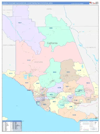 Oxnard-Thousand Oaks-Ventura Metro Area ColorCast style ZIP Code wall map