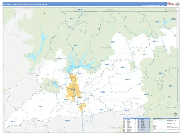 Redding Metro Area ZIP Code Wall Map, Business Reference style