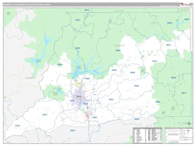 Redding Metro Area ZIP Code Wall Map, Classic style