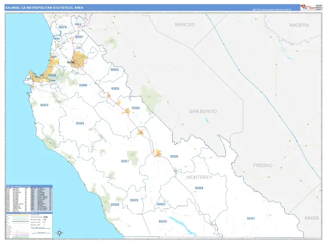 Salinas Metro Area ZIP Code Wall Map, Business Reference style