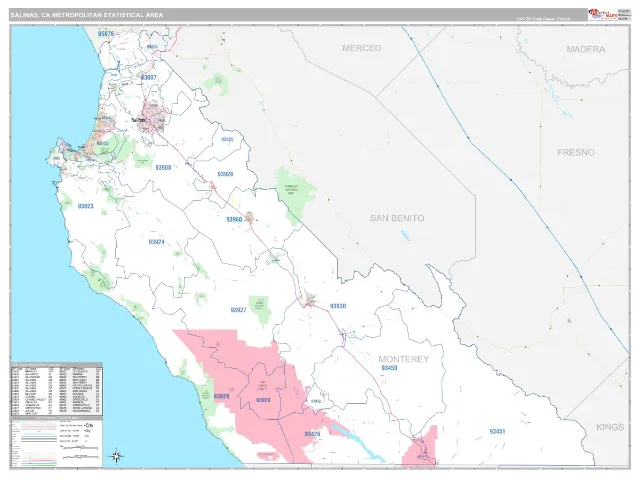 Salinas Metro Area ZIP Code Wall Map, Classic style