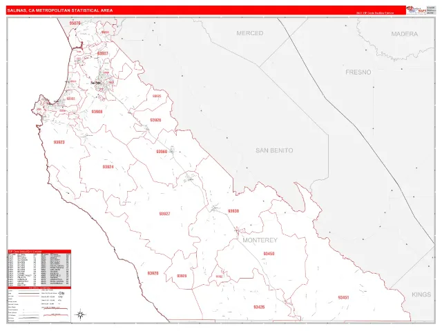 Salinas Metro Area ZIP Code Wall Map, RedLine style