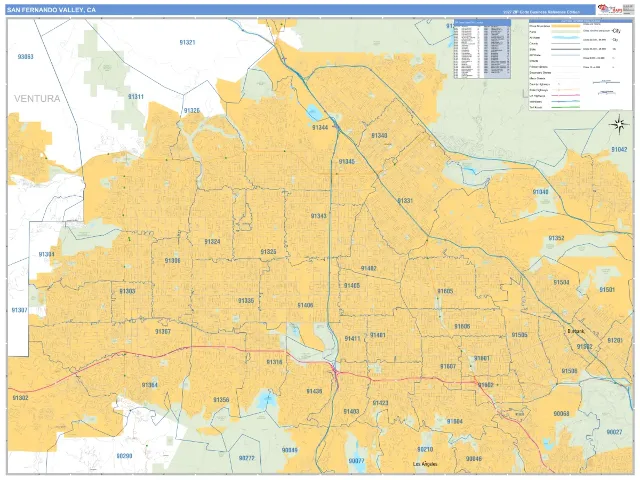 San Fernando Valley Metro Area ZIP Code Wall Map, Business Reference style