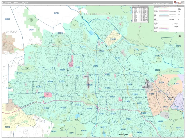 San Fernando Valley Metro Area ZIP Code Wall Map, Classic style
