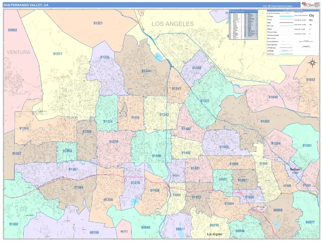 San Fernando Valley Metro Area ZIP Code Wall Map, ColorCast style