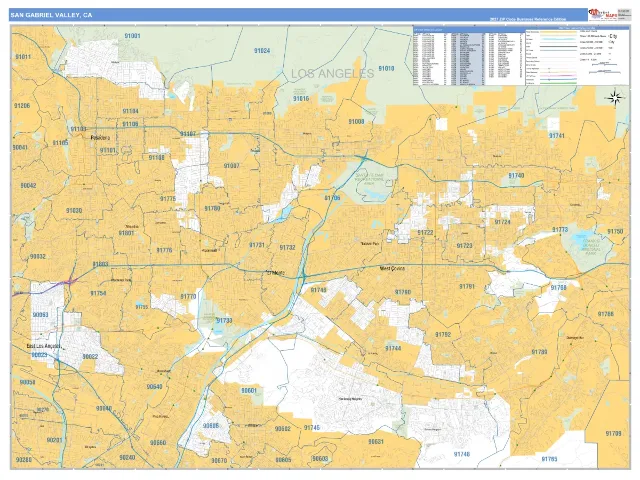 San Gabriel Valley Metro Area ZIP Code Wall Map, Business Reference style