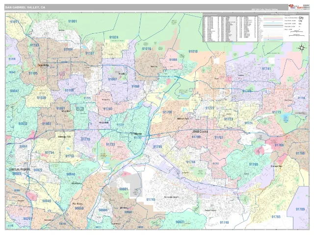 San Gabriel Valley Metro Area ZIP Code Wall Map, Classic style