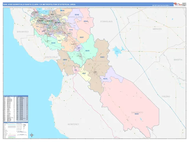 San Jose-Sunnyvale-Santa Clara Metro Area ZIP Code Wall Map, ColorCast style