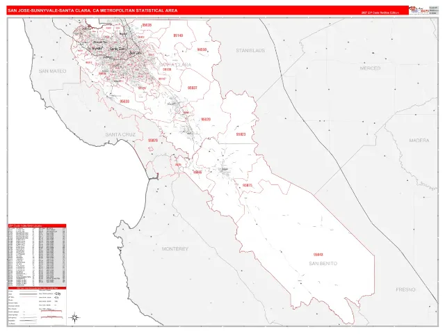 San Jose-Sunnyvale-Santa Clara Metro Area ZIP Code Wall Map, RedLine style