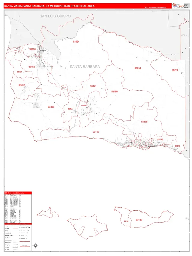 Santa Maria-Santa Barbara Metro Area ZIP Code Wall Map, RedLine style