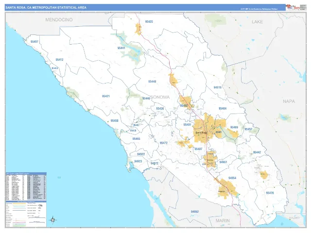 Santa Rosa Metro Area ZIP Code Wall Map, Business Reference style