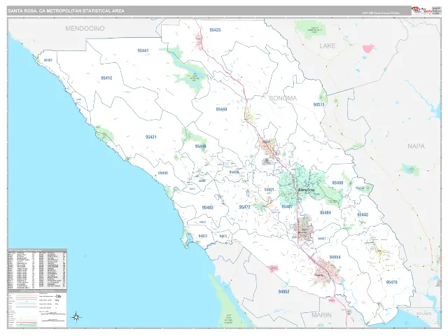 Santa Rosa Metro Area ZIP Code Wall Map, Classic style