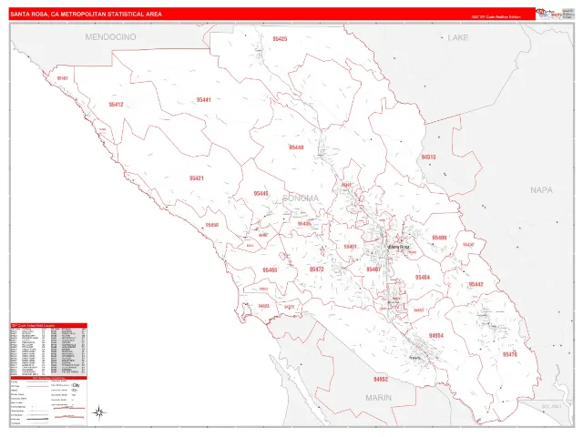 Santa Rosa Metro Area ZIP Code Wall Map, RedLine style