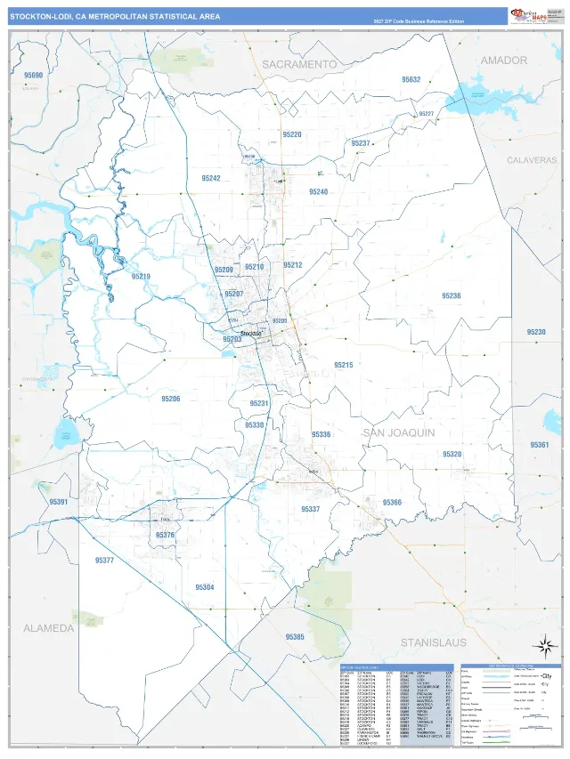 Stockton-Lodi Metro Area ZIP Code Wall Map, Business Reference style