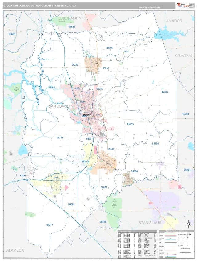 Stockton-Lodi Metro Area ZIP Code Wall Map, Classic style