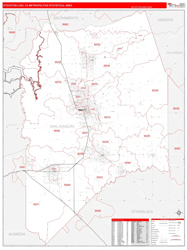Stockton-Lodi Metro Area ZIP Code Wall Map, RedLine style