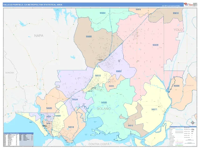Vallejo-Fairfield Metro Area ZIP Code Wall Map, ColorCast style