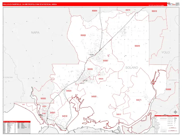 Vallejo-Fairfield Metro Area ZIP Code Wall Map, RedLine style