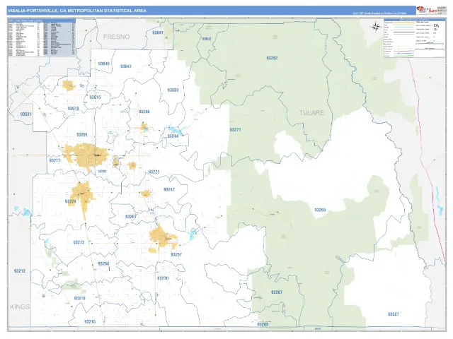 Visalia-Porterville Metro Area ZIP Code Wall Map, Business Reference style