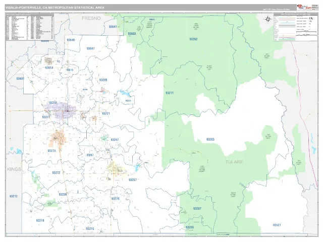Visalia-Porterville Metro Area ZIP Code Wall Map, Classic style