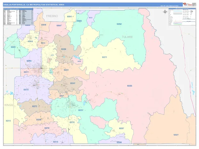 Visalia-Porterville Metro Area ZIP Code Wall Map, ColorCast style