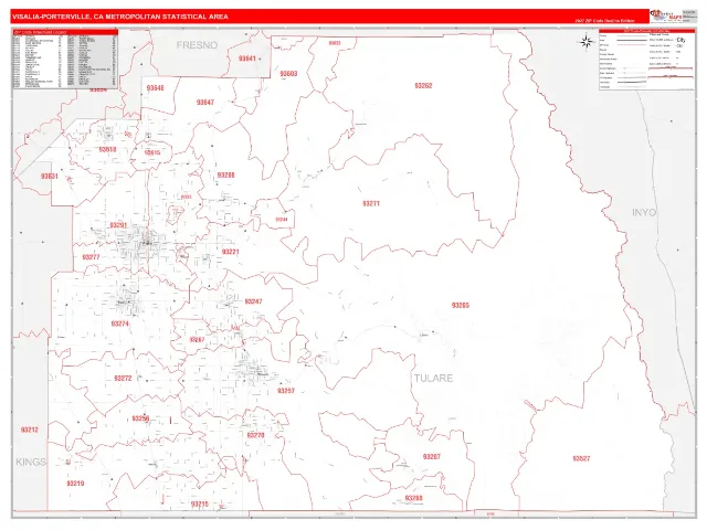 Visalia-Porterville Metro Area ZIP Code Wall Map, RedLine style