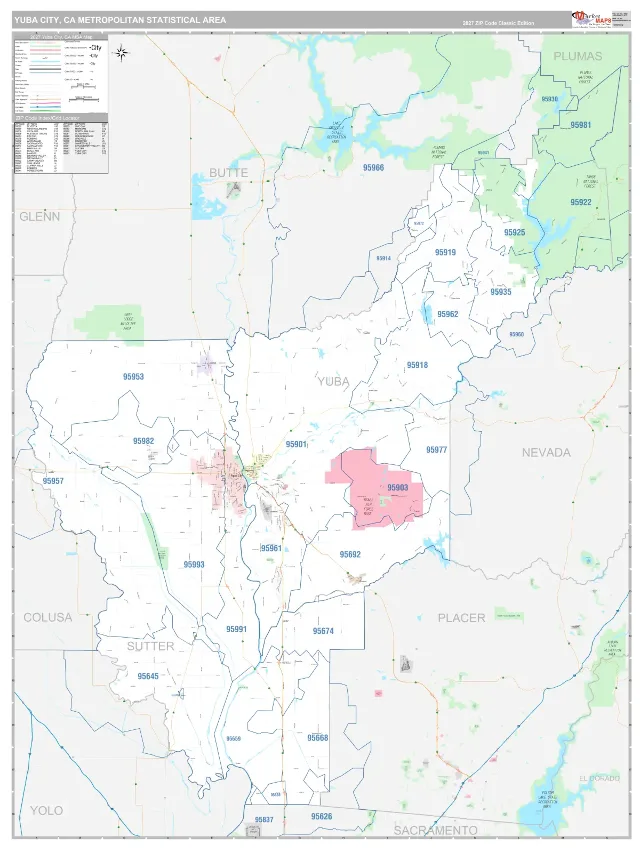 Yuba City Metro Area ZIP Code Wall Map, Classic style