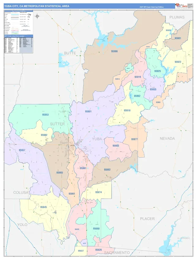 Yuba City Metro Area ZIP Code Wall Map, ColorCast style