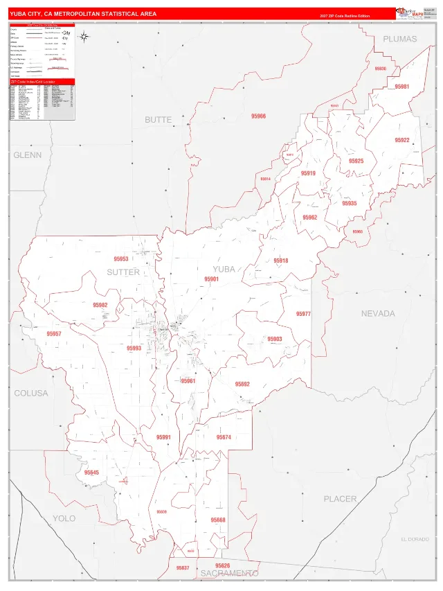 Yuba City Metro Area ZIP Code Wall Map, RedLine style