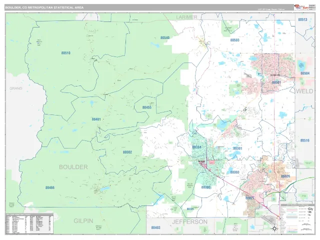 Boulder Metro Area ZIP Code Wall Map, Classic style