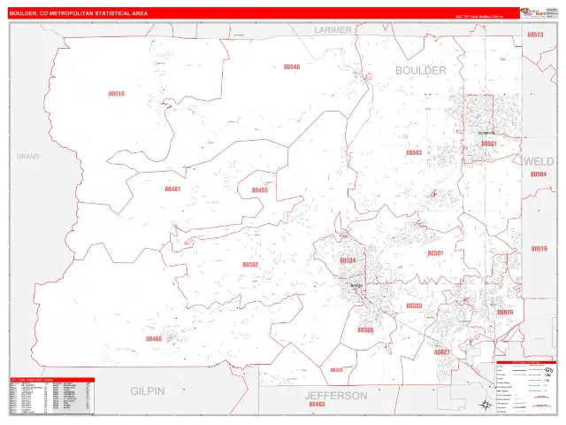 Boulder Metro Area ZIP Code Wall Map, RedLine style