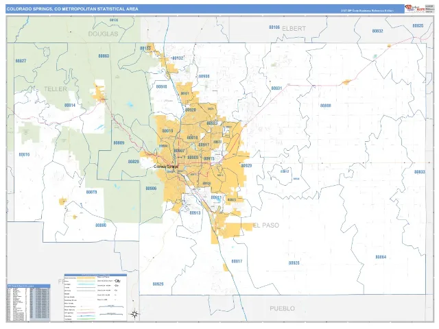Colorado Springs Metro Area ZIP Code Wall Map, Business Reference style